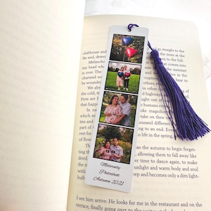 May include: A white bookmark with a purple tassel. The bookmark features a collage of three photos of a couple holding balloons and a baby bump. The text on the bookmark reads "Maternity Photoshoot Autumn 2021".