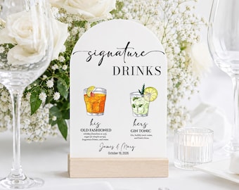 Signature Drinks Wedding Bar Sign – Acrylic Arch with UV Printed Custom Cocktail Menu and Names, Perfect for Reception Decor