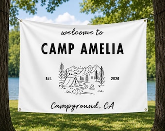 Pancarta para campamento de despedida de soltera, letrero para campamento de despedida de soltera, pancarta de bienvenida al campamento, telón de fondo para fiesta al aire libre