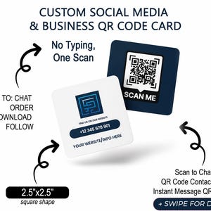Puede incluir: Tarjetas de código QR personalizadas para redes sociales y empresas. La tarjeta blanca tiene un logotipo, número de teléfono e información del sitio web. La tarjeta azul marino tiene un código QR y la frase "SCAN ME". Las tarjetas miden 6.35cm x 6.35cm.