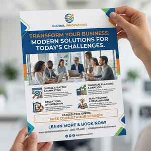 May include: A flyer held by a person, featuring the Global Innovations logo and the text "TRANSFORM YOUR BUSINESS. MODERN SOLUTIONS FOR TODAY'S CHALLENGES." It includes information on digital strategy, financial planning, and team training. The flyer offers a free consultation.