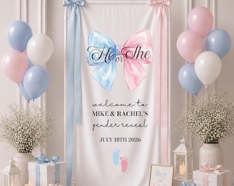 Banner para fiesta de revelación de género (niño o niña), letrero de bienvenida personalizado para bebé (niño o niña)