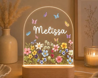 Lámpara de noche personalizada con nombre de mariposa floral, lámpara de guardería con impresión UV para bebé niña, lámpara de noche con nombre para decoración de guardería, regalo de cumpleaños para niñas