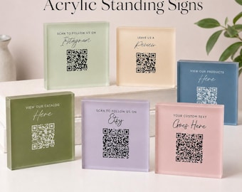 Menú con código QR escaneable personalizado, letrero para redes sociales para negocios, tiendas, restaurantes, consultorios médicos, spas y salones de belleza. Exhibidor de bloque acrílico.