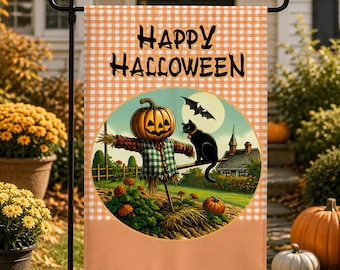 Spooky Pumpkin Garden Flag, Black Cat Halloween Yard Sign, Happy Halloween Garden Decor, Trick or Treaters Yard Sign