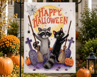 Black Cat Halloween Garden Flag, Fall Raccoon Sign, Trick or Treaters Yard Sign, Spooky Pumpkin Garden Flag