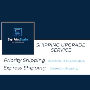 May include: A navy blue graphic with the text "SHIPPING UPGRADE SERVICE". Below, the text "Priority Shipping" and "Express Shipping" are displayed. The Sign Print Studio logo is in the upper left corner.