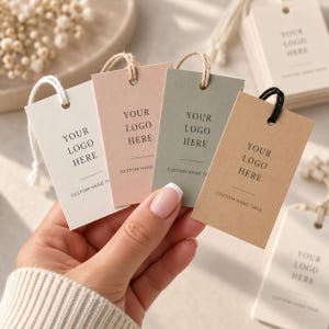 May include: A set of four rectangular paper hang tags in cream, dusty pink, sage green, and kraft brown. Each tag features a hole at the top with a string loop and the printed text YOUR LOGO HERE and CUSTOM HANG TAGS in a black serif font.