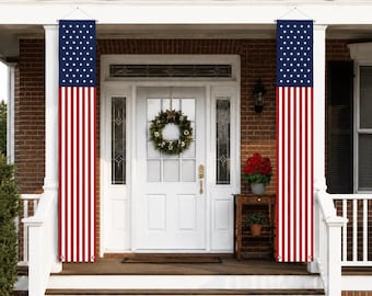 USA Flag Porch Banner Set, American Front Door Flag, America Flag Hanging Decor, Patriotic Fourth July Outdoor Party Sign 2PCS