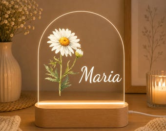 Lámpara de noche acrílica personalizada con flor del mes de nacimiento, luz LED estilo bohemio, nombre personalizado, decoración floral para la habitación del bebé, regalo para baby shower, regalo de Navidad