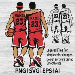 May include: Illustration of two basketball players in red uniforms with the number 23, one holding a basketball. The image includes a black and white outline of the same players. Text at the bottom reads "PNG | SVG | EPS | AI".