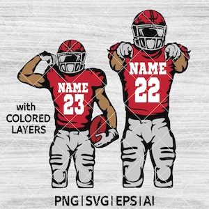 May include: Two stylized football players in red jerseys with white numbers and the word "NAME". One player holds a football. The image includes the text "with COLORED LAYERS" and file type options.