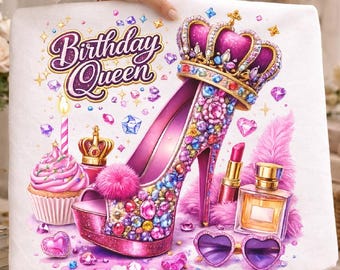 Imagem PNG de uma Rainha do Aniversário com Coroa de Salto Alto Rosa Glamorosa (Download Digital)