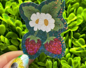 Strawberry Flower Holographic Sticker: Waterproof Summer Journal Decal, Kindle Decor