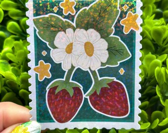 Strawberry Stamp Holographic Sticker: Waterproof,  Kindle, Journal, Water Bottle Decal