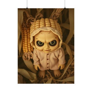 Creepy Corn Child Matte Giclee Art Prints Canvas, Framed Wall Art Home Decor, Vintage Style Spooky Halloween Decor - Weird Corn Doll Art