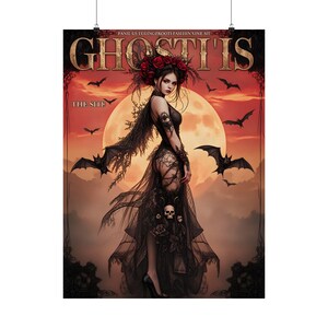 Alluring Sexy Gothic Girl Matte Giclee Art Print, Canvas, Framed Wall Art Home Decor Bats, Skulls Dark Halloween Lovers, Magazine Style Art