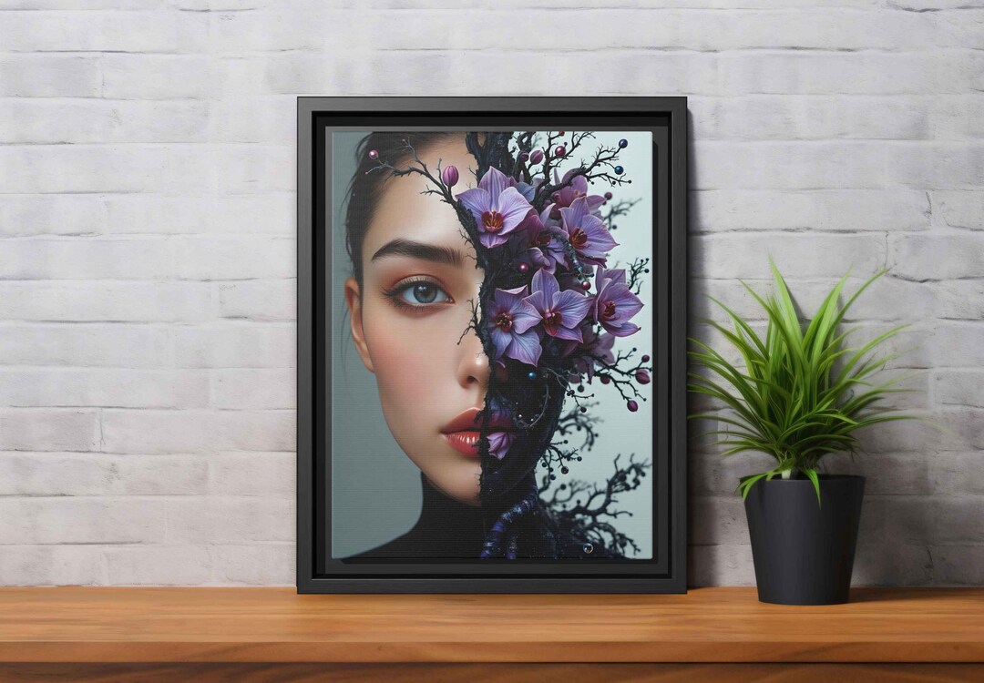 Floral Fusion Portrait - Unique Flower Woman Canvas Art Print - Framed ...