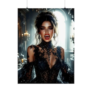 Sexy Gothic Vampire Queen, Matte Giclee Art Print, Wall Art, Home Decor,  Elegant Halloween Art, Hot Female Vampire - Canvas, Framed Options