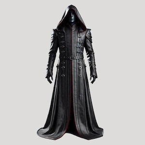 Abrigo negro de cuero genuino para hombre - Gabardina con capucha hecha a mano - Disfraz de Halloween de cuero gótico para hombre - Abrigo de cuero clásico para hombre - Regalo para él