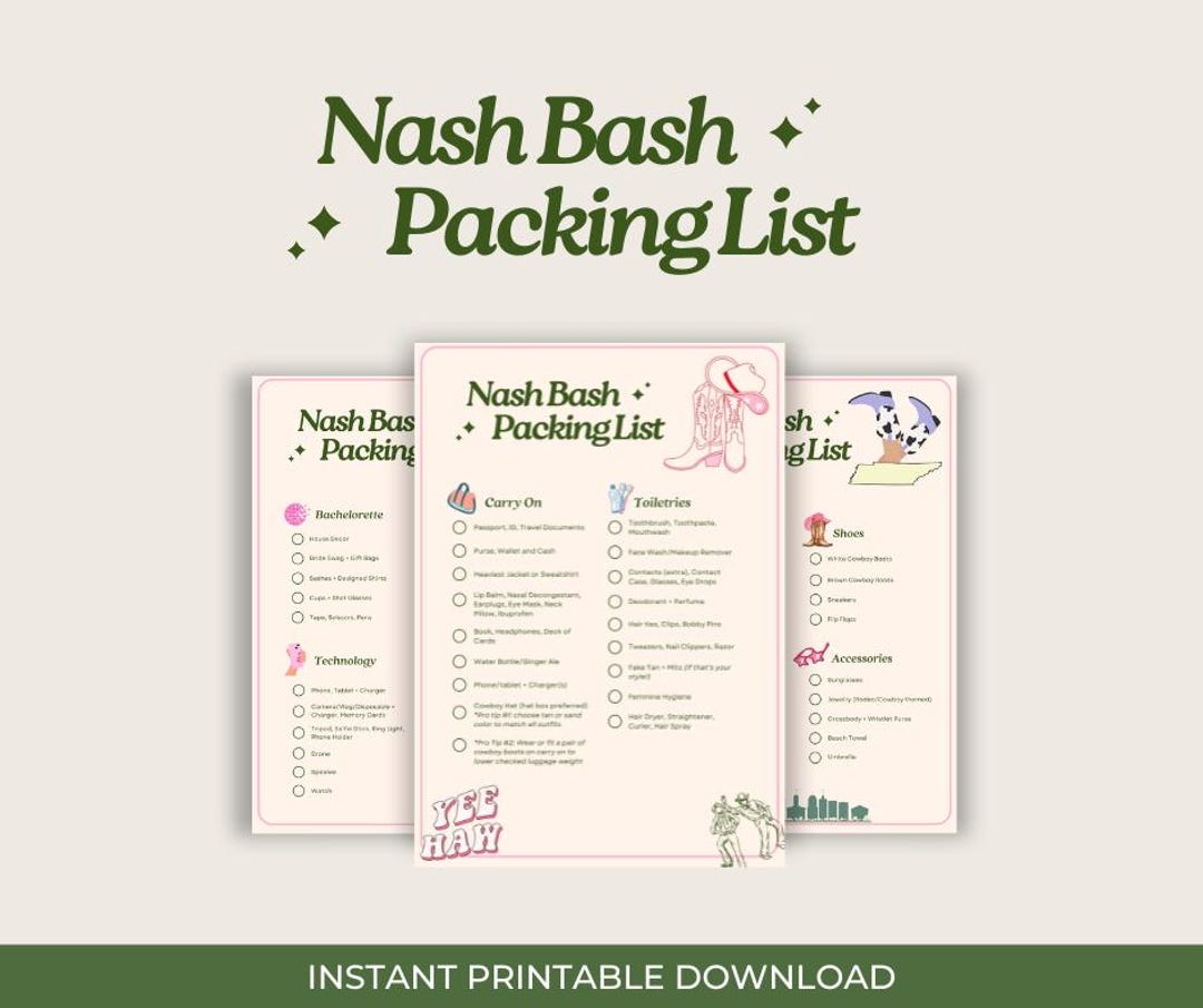 Nashville Bachelorette Packing List: Nash Bash Checklist (PDF Printable ...