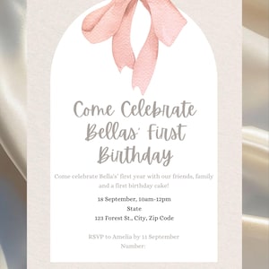 Invitation d'anniversaire modifiable avec un noeud rose | d'invitation pour une fête d'anniversaire fille neutre | Téléchargement instantané | Le 1er anniversaire de Bella