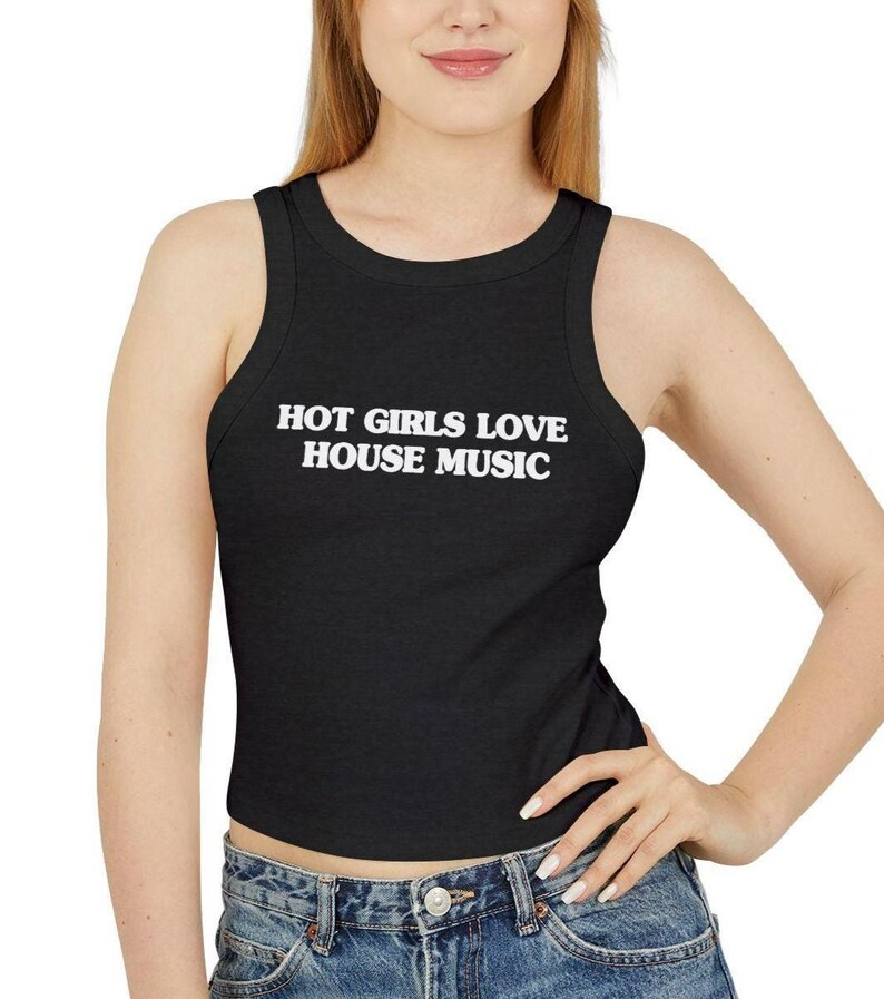 Gorące dziewczyny kochają muzykę house | Top z muzyką house | Strój na festiwal EDM | Strój na rave Y2K | Top na rave | Prezent na rave | Top na rave zdjęcie 3