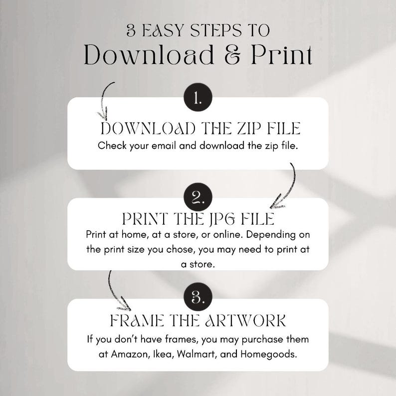 May include: A graphic with the text "3 EASY STEPS TO Download & Print". The steps include downloading a zip file, printing a JPG file, and framing the artwork. Instructions are provided for each step.