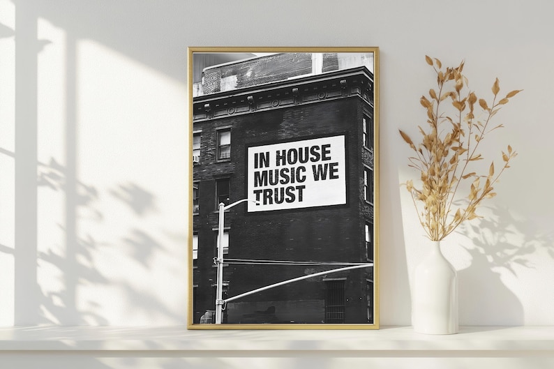 May include: Black and white framed print featuring a building with a sign that reads "IN HOUSE MUSIC WE TRUST." The image is displayed on a white shelf with a white vase and dried plants. The frame is gold.
