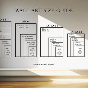 May include: Wall art size guide with dimensions in inches and centimeters. Displays various aspect ratios: 2:3, 4:5, 3:4, and 11x14, along with A1-A4 sizes. The room is 10 ft (3 m) wide.