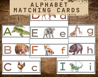 May include: Alphabet matching cards featuring animal illustrations. Each card has a letter and a corresponding animal image, such as an alligator for "A" and a bear for "B". The cards are designed for educational purposes.