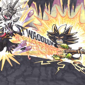 May include: A colourful cartoon illustration depicting two black cat-like creatures with guitars. One creature is shown with a fork and knife, while the other is holding a guitar. The word "WAOODUM" is written in the centre of the image.