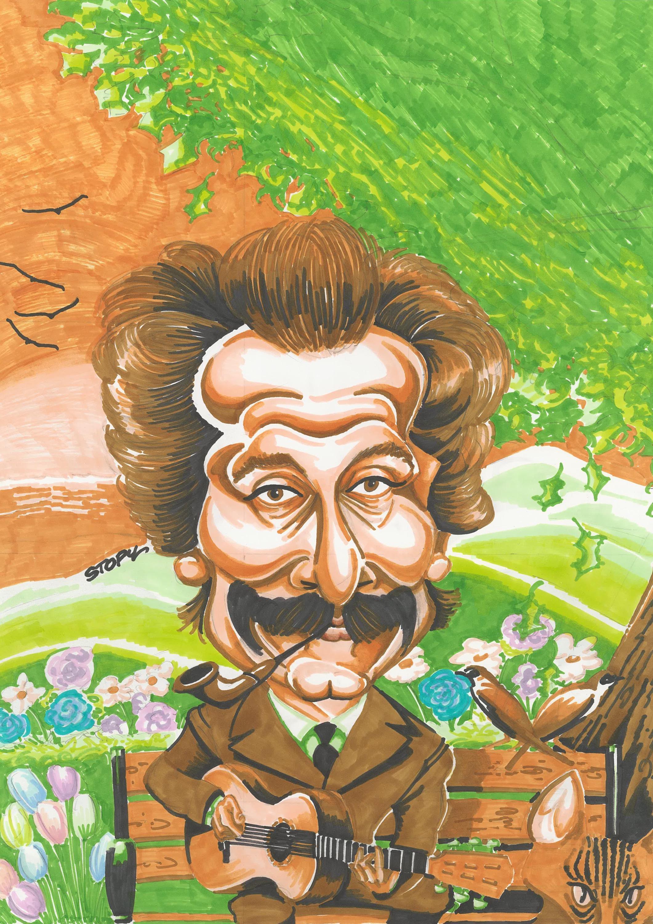Georges Brassens on a public bench – Original hand-signed caricature