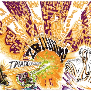 Peut inclure: Illustration de style bande dessinée aux traits audacieux et couleurs vives. Le mot "ZABINUM" est mis en évidence, entouré d'éclats de lumière rayonnants. Des personnages et des bulles de texte ajoutent à la composition dynamique.