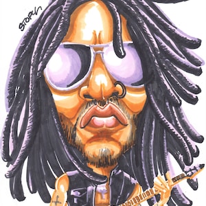 Karykatura pop Lenny&#39;ego Kravitza – legenda rocka i funku – oryginalna ilustracja wykonana pisakiem