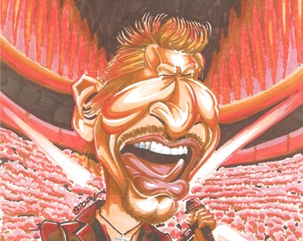 Original caricature Johnny Hallyday – Rock on fire in a stadium – Hand-drawn felt-tip pen, 40x30 cm, unframed