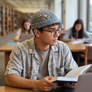 May include: A gray brimless cap featuring a small leather accent with two metal eyelets on the side. The cap is worn with a short-sleeved button-down shirt with a light gray and white abstract pattern over a solid gray t-shirt and tortoise-shell glasses.