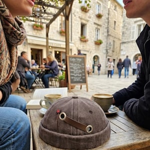 May include: A brown brimless cap featuring a dark brown leather strap secured by two silver-toned metal grommets on the side. A small red decorative pin with dangling thin brown cords is attached near the strap on the textured fabric surface.