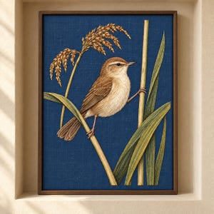 May include: A framed wall art piece featuring a brown bird perched on a reed against a deep blue textured background. The illustration depicts the bird with light brown feathers, a pointed beak, and thin legs, surrounded by tall green grass and wheat.
