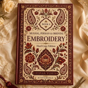 Puede incluir: Un libro de tapa dura titulado Mughal, Persian & Oriental Embroidery Book 4 de Ridvan Yusein. La portada presenta un fondo crema con intrincados patrones florales de cachemira en rojo oscuro y oro, un borde decorativo y el texto Stitchesly.