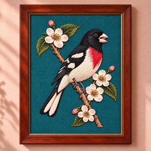 Puede incluir: Una pieza de arte bordada y enmarcada que muestra un pájaro negro, blanco y rojo posado en una rama con flores de cerezo rosa claro y hojas verdes sobre un fondo texturizado azul cerceta, en un marco de madera oscura pulida.