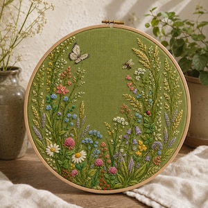 May include: A circular embroidery hoop featuring a green fabric background with detailed hand-stitched wildflowers, grasses, a butterfly, and a bee. The botanical design includes pink, white, blue, and yellow floral elements arranged in a wreath.