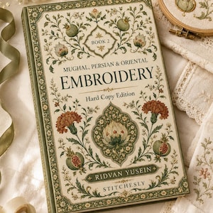May include: A hardback book titled Mughal, Persian & Oriental Embroidery, Book 2, by Ridvan Yusein. The cream-coloured cover features intricate green and red floral illustrations, pomegranate motifs, and ornate borders with dark green accents.
