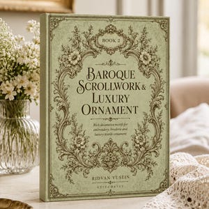 May include: A hardback book titled Baroque Scrollwork & Luxury Ornament Book 2 by Ridvan Yusein. The sage green cover features intricate dark brown floral and scrollwork borders, with the text centred in a decorative frame on the front.