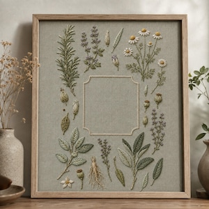 Op de afbeelding: Een ingelijst borduurwerk op saliegroene stof met gedetailleerde gestikte illustraties van diverse kruiden en bloemen, waaronder kamille en rozemarijn, rondom een lege rechthoekige rand omlijnd met lichtgekleurde draad.