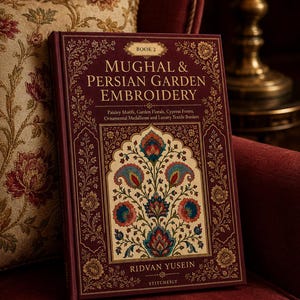 Peut inclure: Un livre relié intitulé Mughal & Persian Garden Embroidery, Book 2 par Ridvan Yusein. La couverture bordeaux profond présente des bordures en filigrane doré complexes et une illustration centrale de motifs floraux et cachemire sur fond crème.