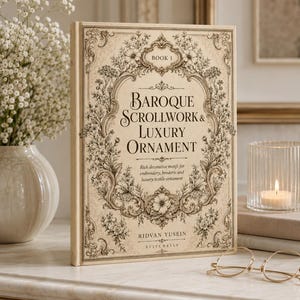 May include: A hardback book titled Baroque Scrollwork & Luxury Ornament Book 1 by Ridvan Yusein. The cover features a cream background with intricate black floral and scrollwork illustrations, decorative borders, and detailed typography.