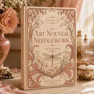 Puede incluir: Un libro de tapa dura titulado Art Nouveau Needlework Book 3 de Ridvan Yusein. La cubierta de color crema presenta ilustraciones detalladas de una libélula, calas y corazones sangrantes en tonos rosa y marrón, con bordes decorativos ornamentados.