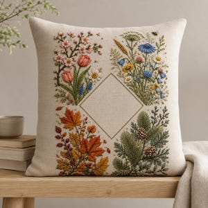 May include: A square throw pillow with a light beige fabric cover featuring detailed embroidery of four seasonal botanical arrangements. Each corner displays distinct flora, including spring blossoms, summer wildflowers, autumn leaves, and winter pine.