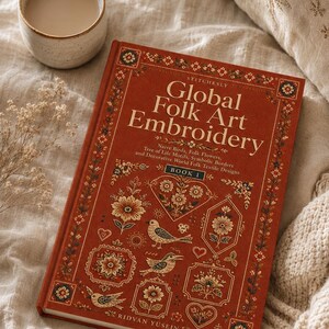 Op de afbeelding: Een hardcover boek getiteld Global Folk Art Embroidery Book 1 door Ridvan Yusein met een roestkleurige kaft voorzien van gedetailleerde crèmekleurige, groene en donkerrode illustraties van vogels, bloemen, harten en geometrische randen.